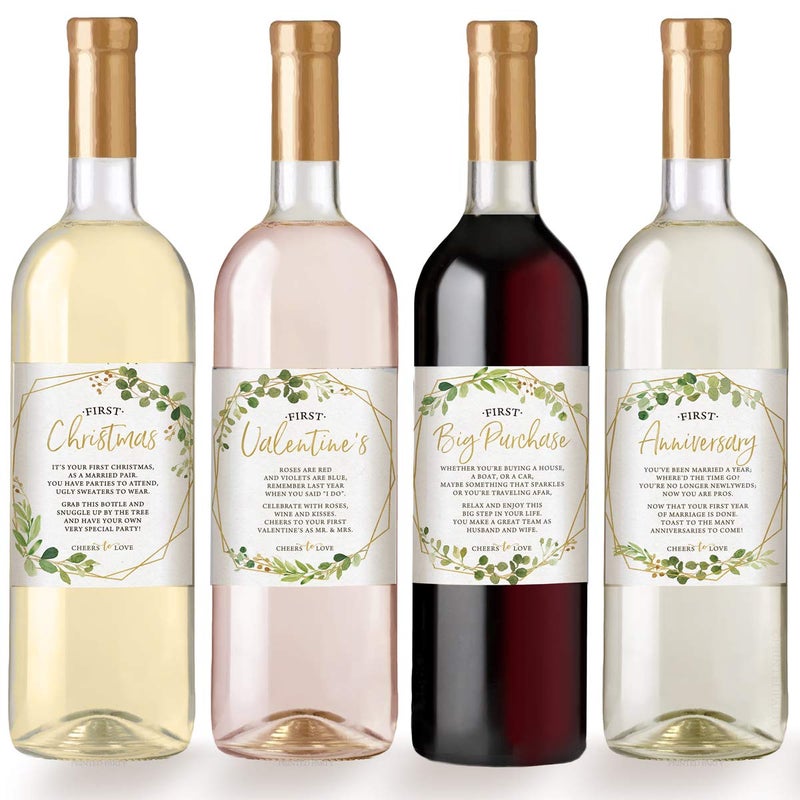 Printed Party Marriage Milestones, Greenery Wedding Firsts, 6 Wine Bottle Labels - Image 2